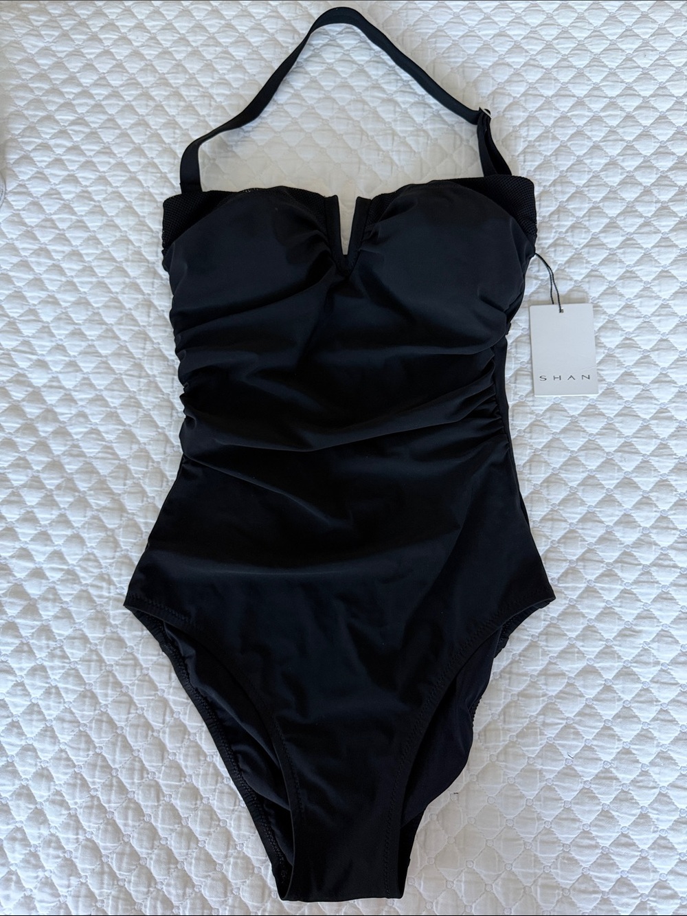 NWT SHAN So Sexy Halter One-Piece Black Studded Swimsuit Removable Strap Size 6